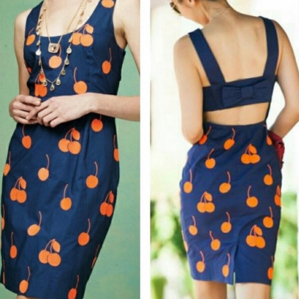 Anthropologie Leifnotes Cherry Summer Dress Sz 2 Navy Blue Red Stitched Cherries